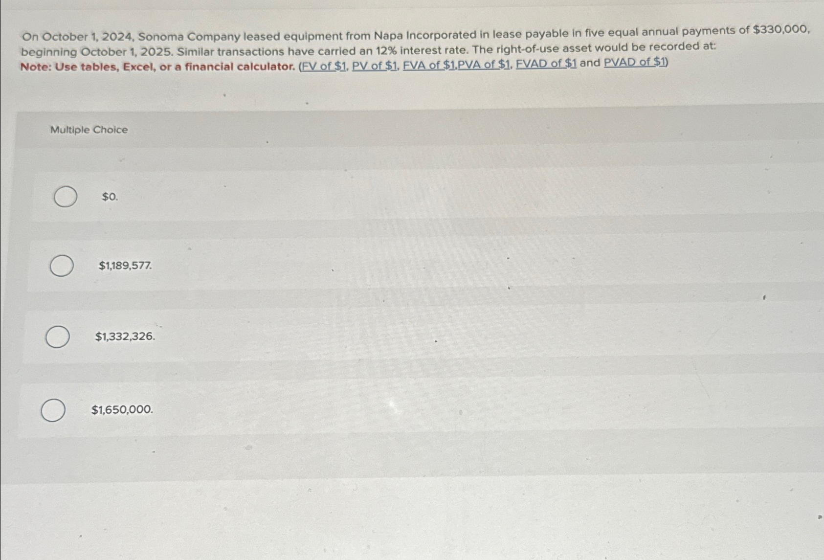  On October 1,2024, Sonoma Company leased equipment from Napa Incorporated in