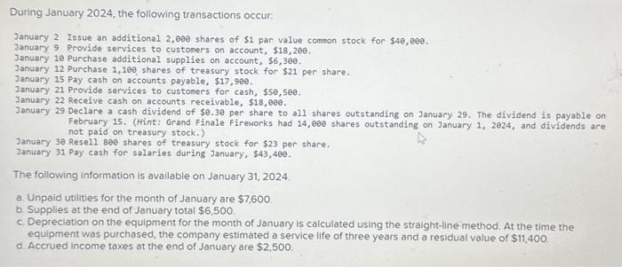1, 2024, the general ledger of Grand Finale Fireworks includes the following