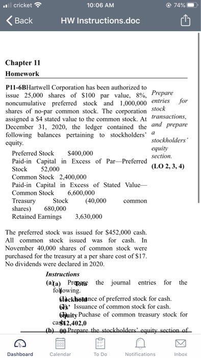  ..il cricket 10:06 AM @ 74% Back HW Instructions.doc Chapter 11