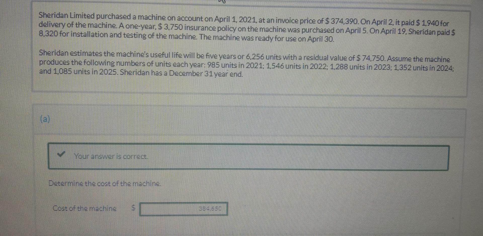 unit production method ans please correct Sheridan Limited purchased a machine on