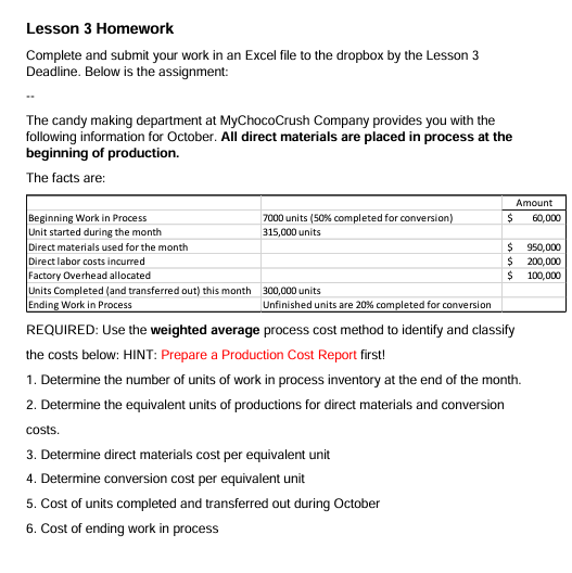  Lesson 3 Homework Complete and submit your work in an Excel