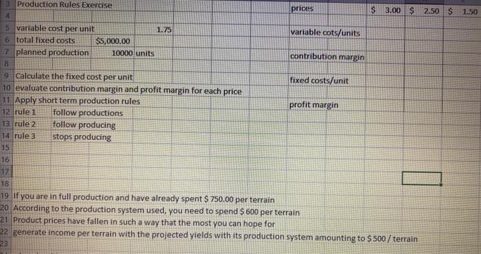 3 Production Rules Exercise prices $ 3.00 $ 2.50 $ 1.50