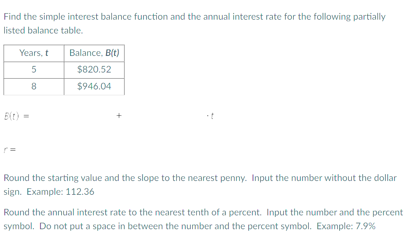 Find the simple interest balance function and the annual interest rate