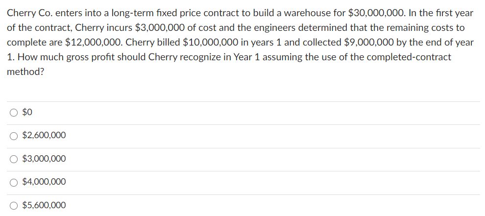 Cherry Co. enters into a long-term fixed price contract to build