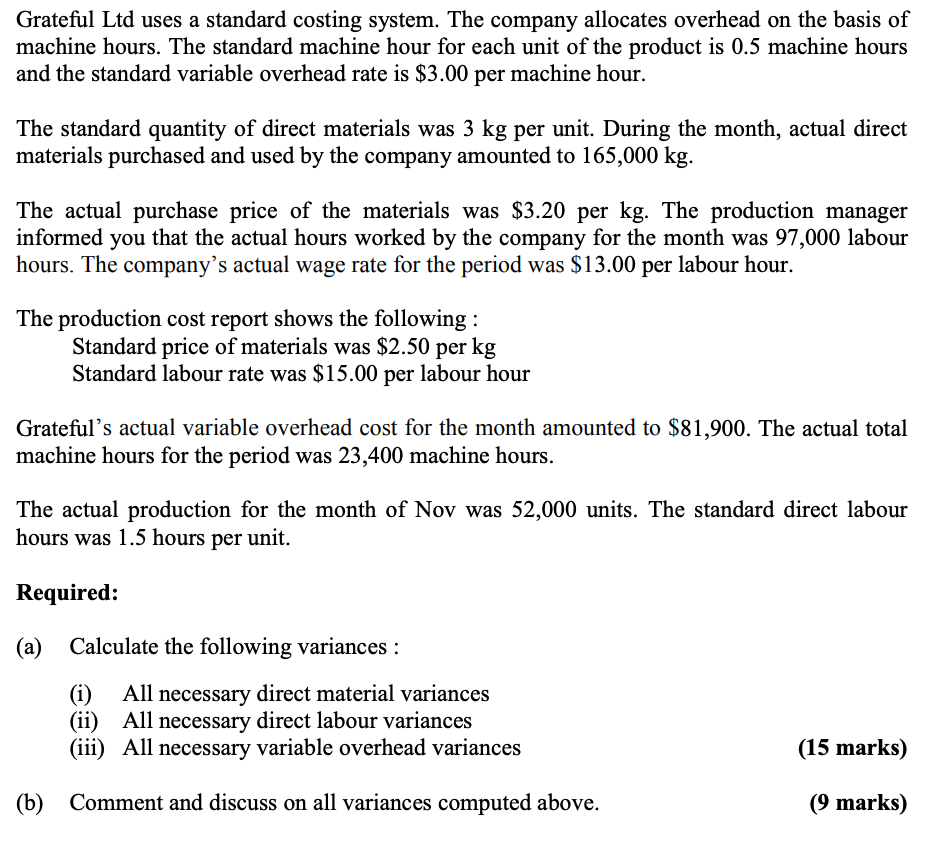  Grateful Ltd uses a standard costing system. The company allocates overhead