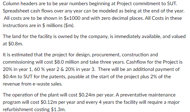  Column headers are to be year numbers beginning at Project commitment