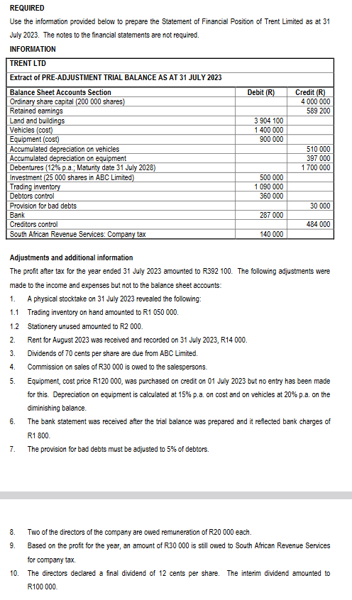 please assist with question REQUIRED Use the information provided below to prepare
