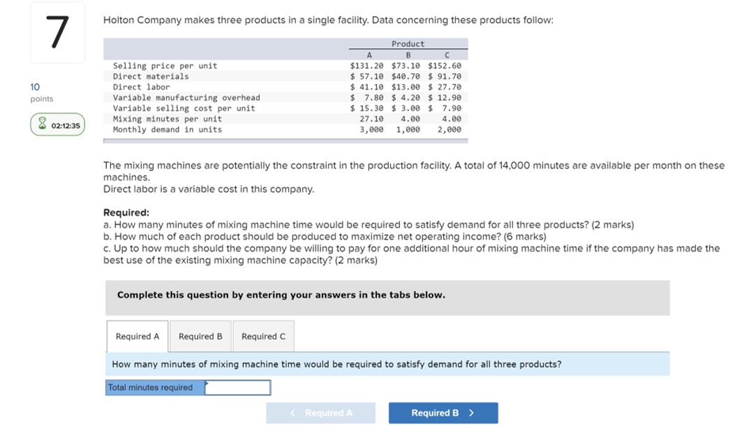  Holton Company makes three products in a single facility. Data concerning