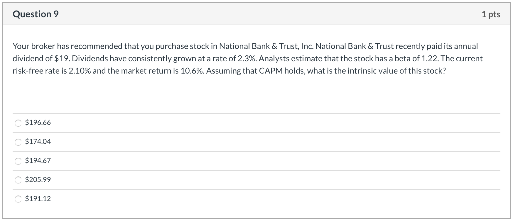  Question 9 1 pts Your broker has recommended that you purchase