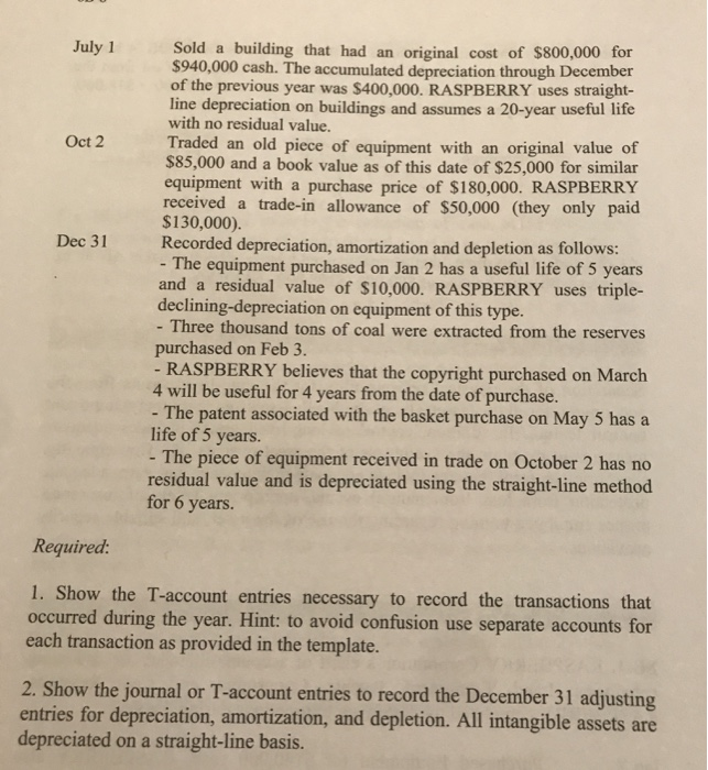 the following categories: Land, Equipment, Patents, Copyrights, and Coal Reserves. RASPBERRY completed