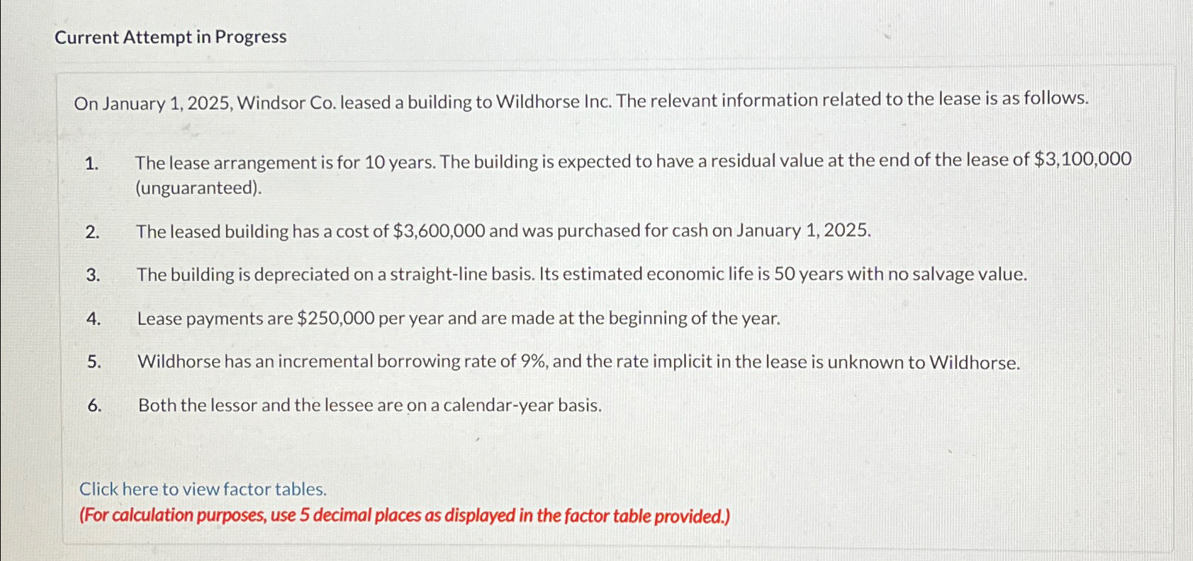  Current Attempt in Progress On January 1,2025, Windsor Co. leased a