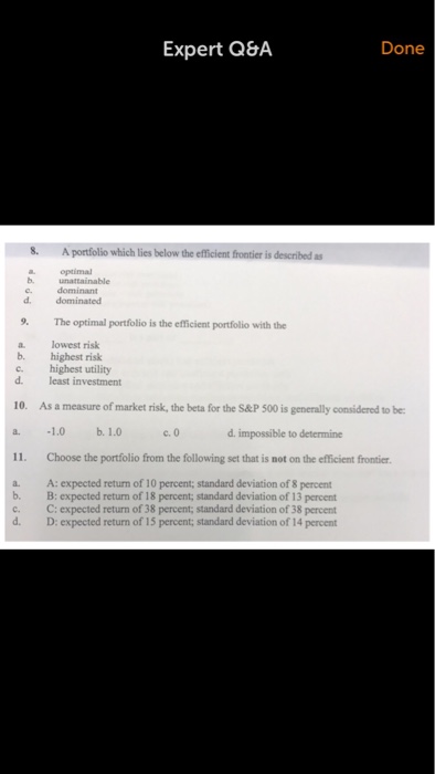  Expert Q&A Done 8. A portfolio which lies below the efficient