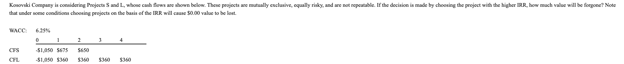  Kosovski Company is considering Projects S and L, whose cash flows