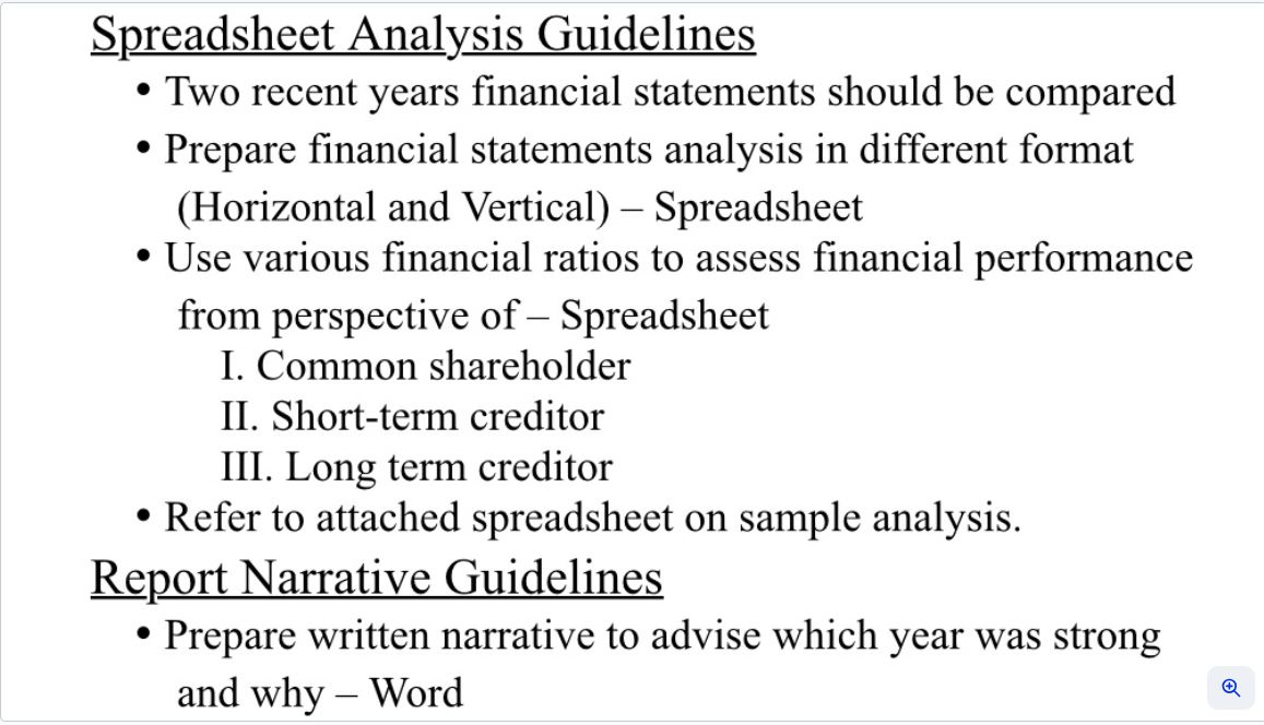 Spreadsheet Analysis Guidelines Two recent years financial statements should be compared Prepare
