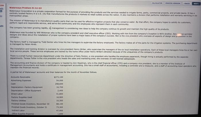  CALOVLATOR PRINTER VERSION BACK NEXT CES 21 udy Waterways Problem 01