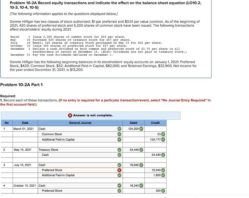  Problem 10-2A Record equity transactions and indicate the effect on the