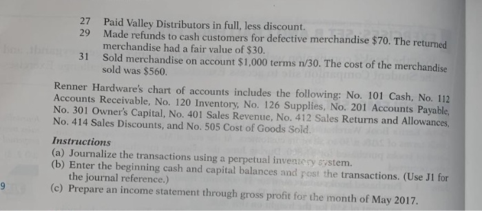 the following merchandising transactions in the month of May. At the beginning