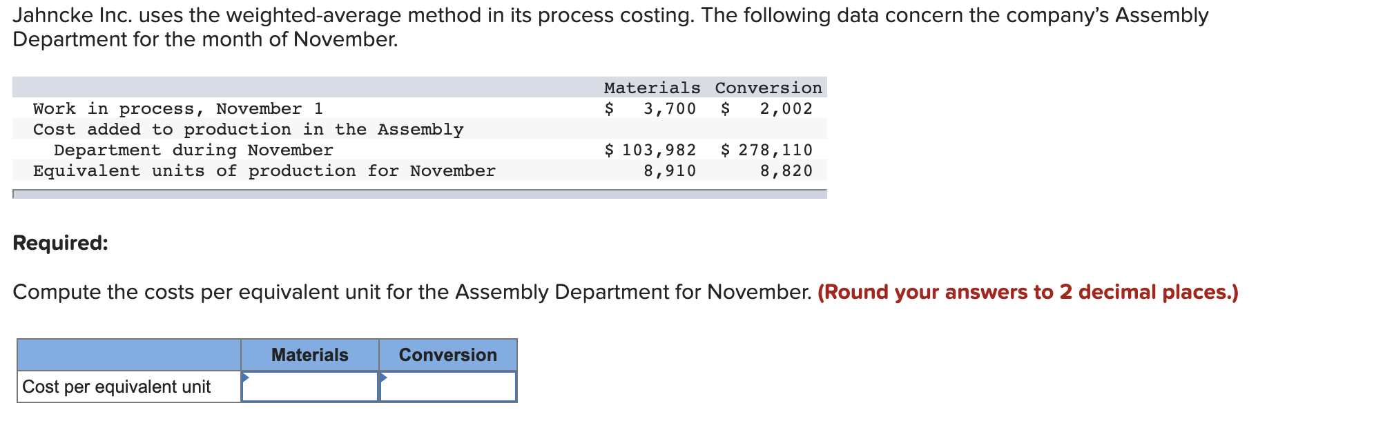 Jahncke Inc. uses the weighted-average method in its process costing. The