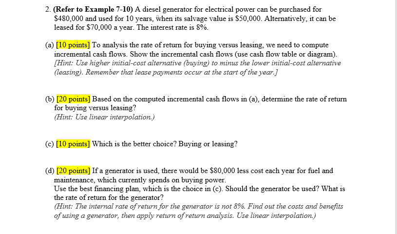 2. (Refer to Example 7-10) A diesel generator for electrical power