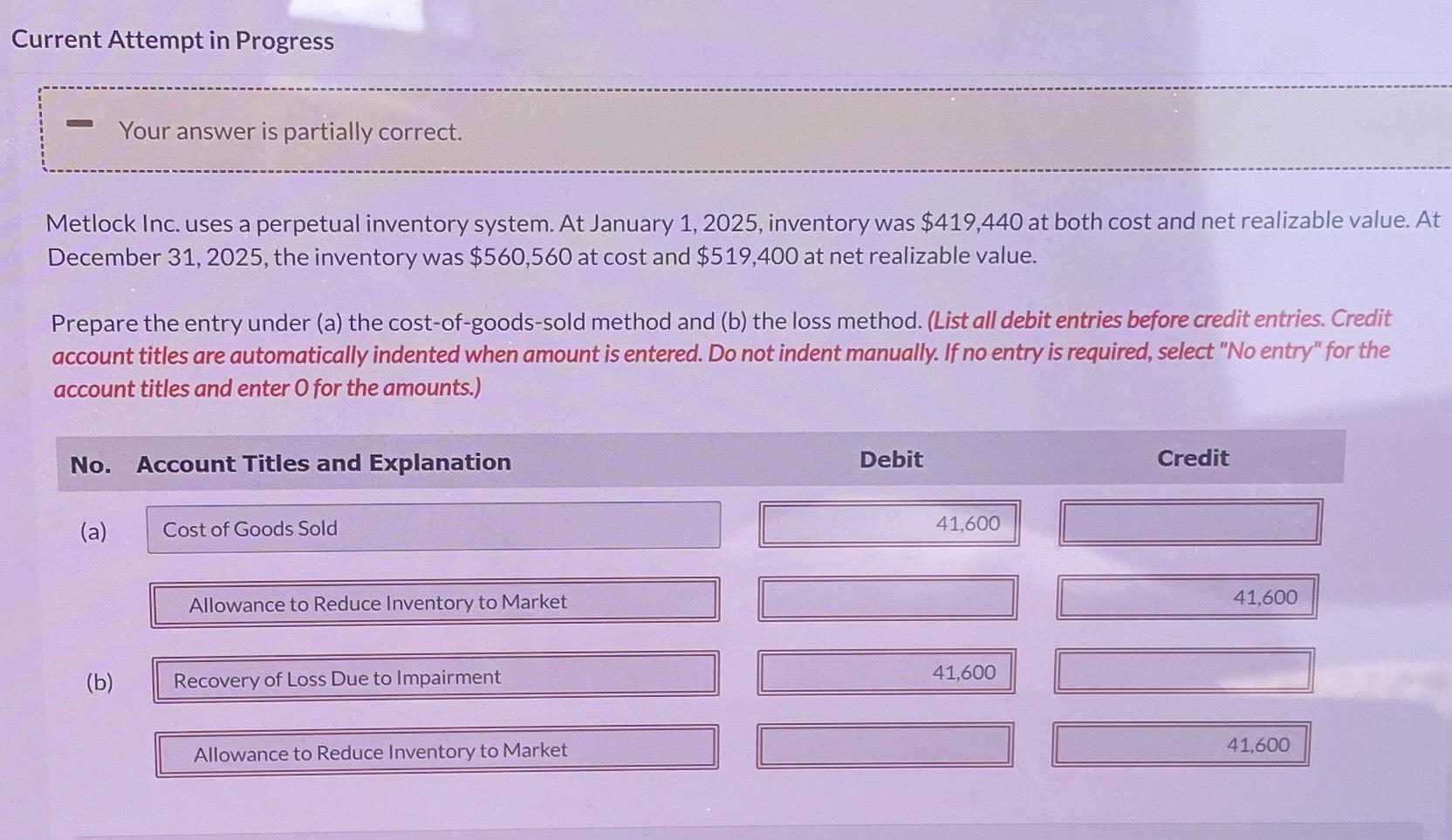  Current Attempt in Progress Your answer is partially correct. Metlock Inc.