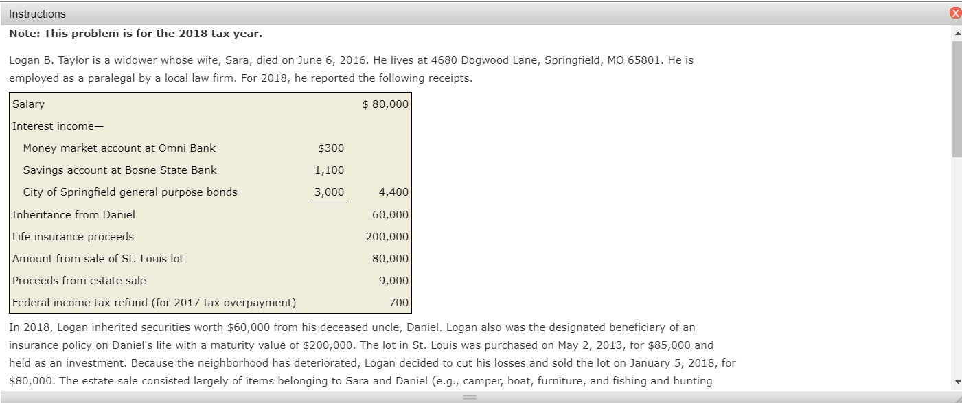  Instructions Note: This problem is for the 2018 tax year. Logan