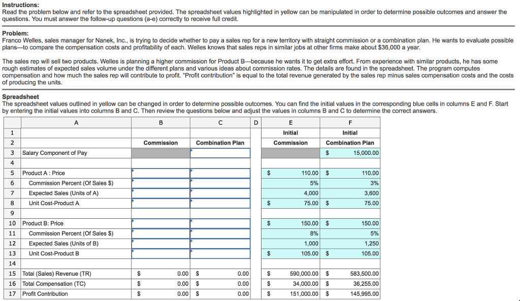 Instructions Read the problem below and refer to the spreadsheet provided.