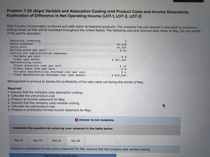  Problem 7-20 (Algo) Variable and Absorption Costing Unit Product Costs and