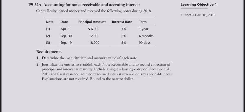  Please type the answer. Learning Objective 4 P9-32A Accounting for notes
