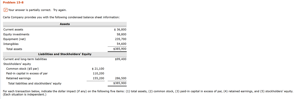 Problem 15-8 Your answer is partially correct. Try again. Carla Company