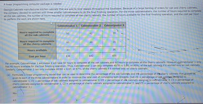  A linear programming computer package is needed. Georgia Cabinets manufactures kitchen
