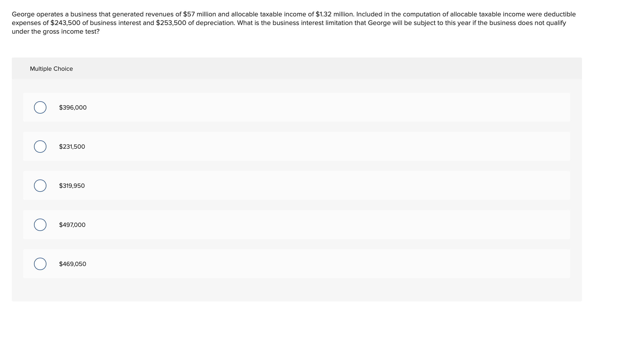  under the gross income test? Multiple Choice $396,000 $231,500 $319,950 $497,000