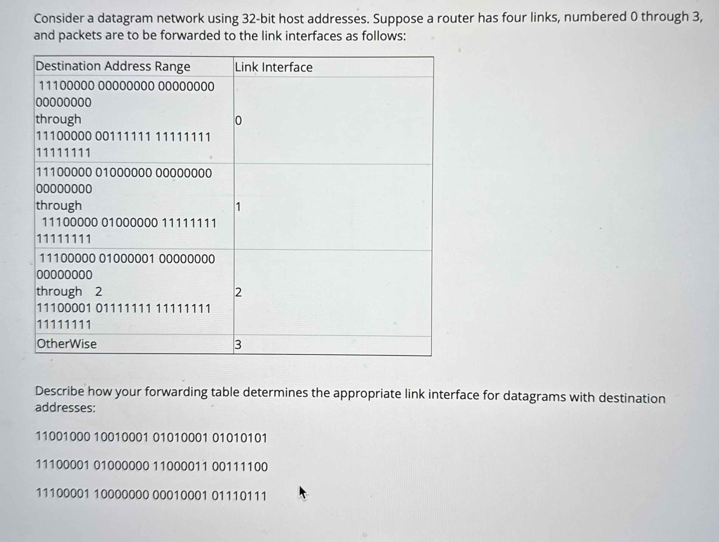  Consider a datagram network using 32-bit host addresses. Suppose a router