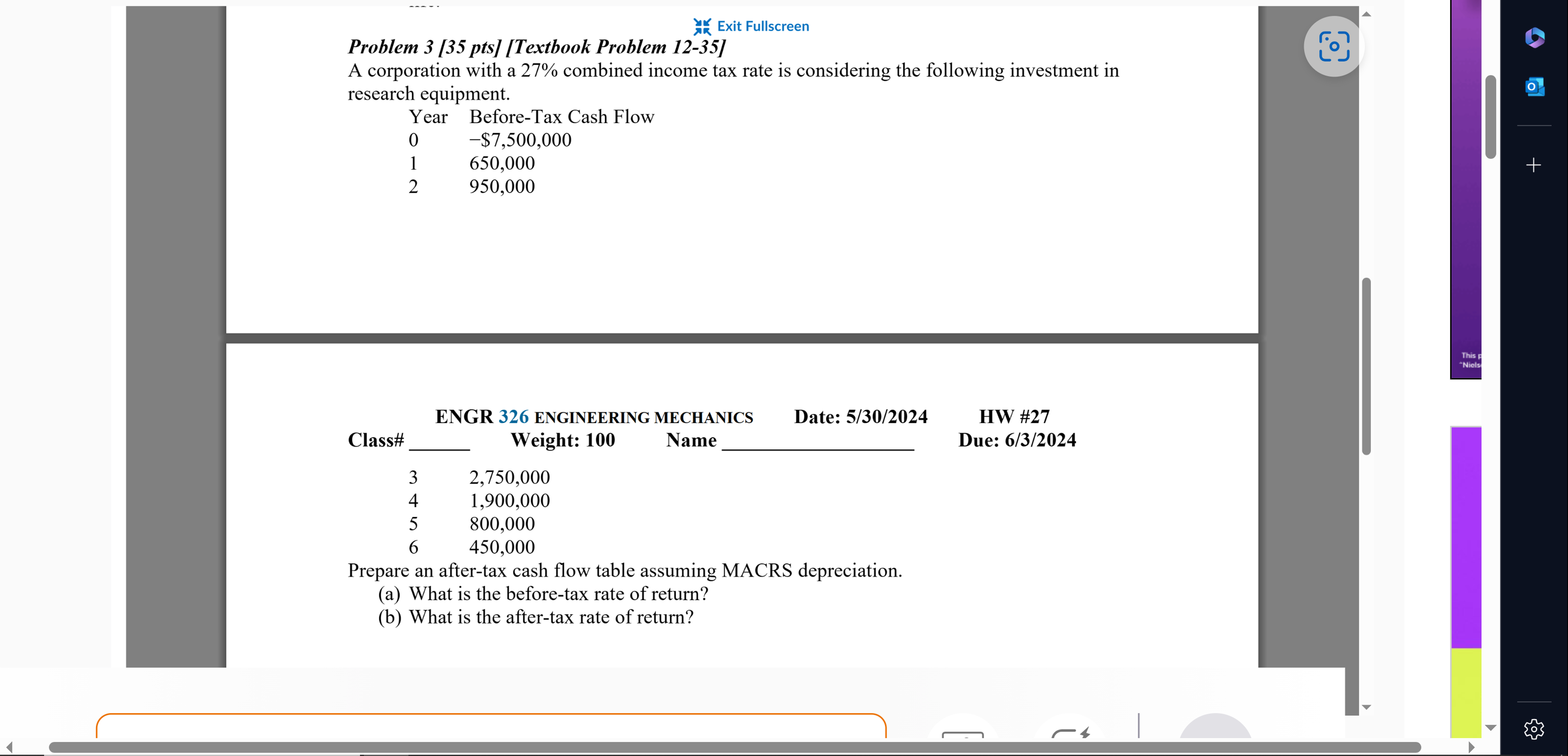  REPOST!!!! Problem 3[35 pts][Textbook Problem 12-35] A corporation with a 27%