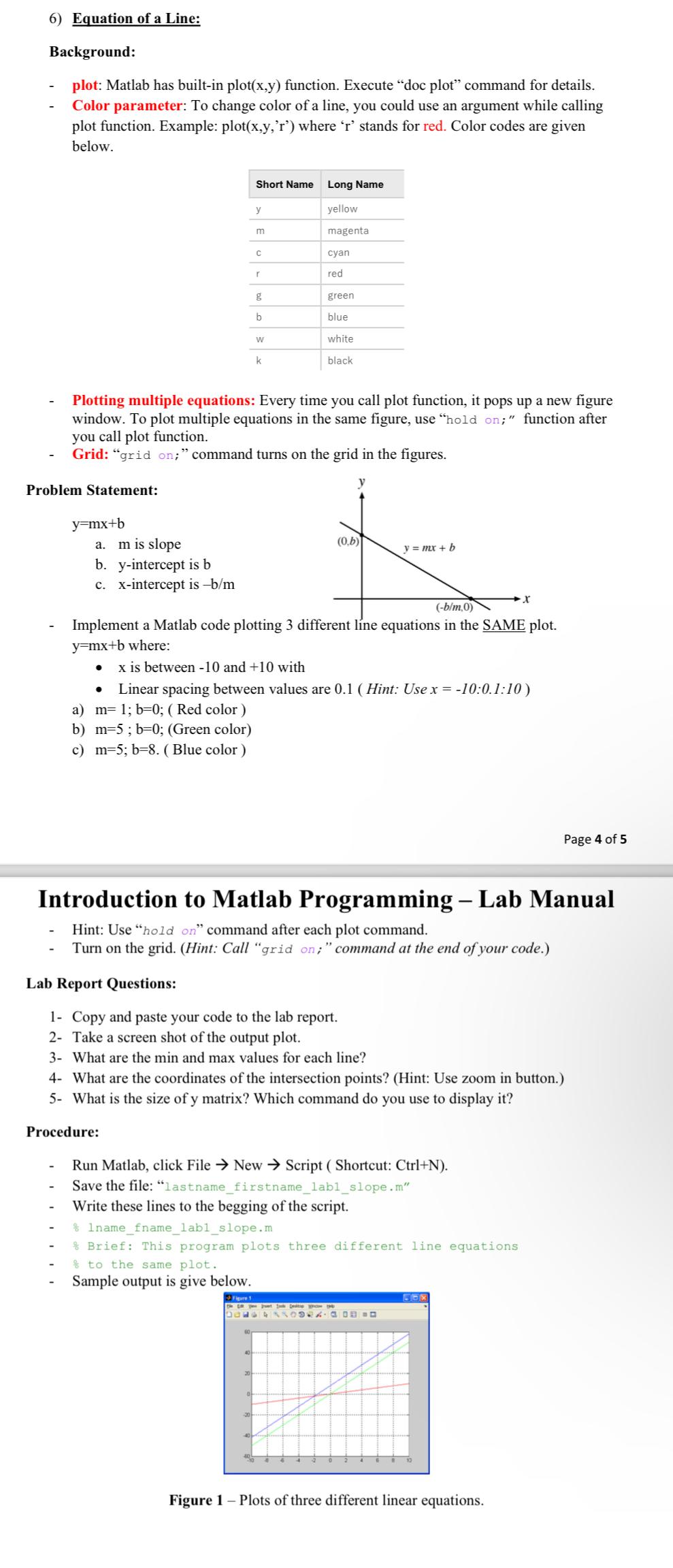  Equation of a Line: Background: plot: Matlab has built-in plot(x,y) function.