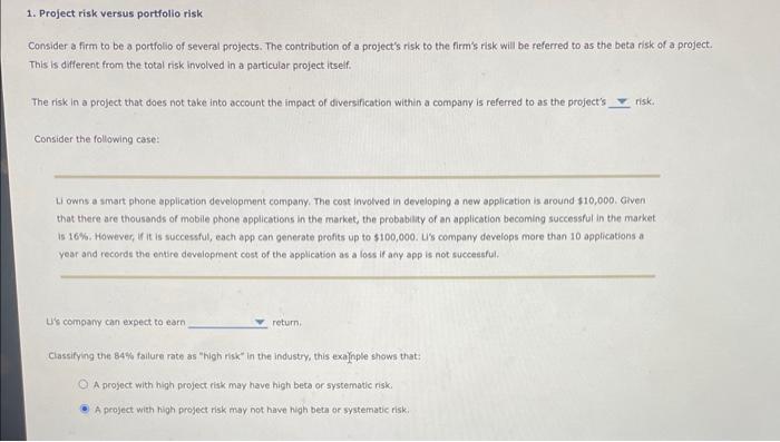 need help on all thanks thx 1. Project risk versus portfolio risk