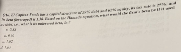  its beta (leveraged) is 1.30. Based on the Hamada equation, what