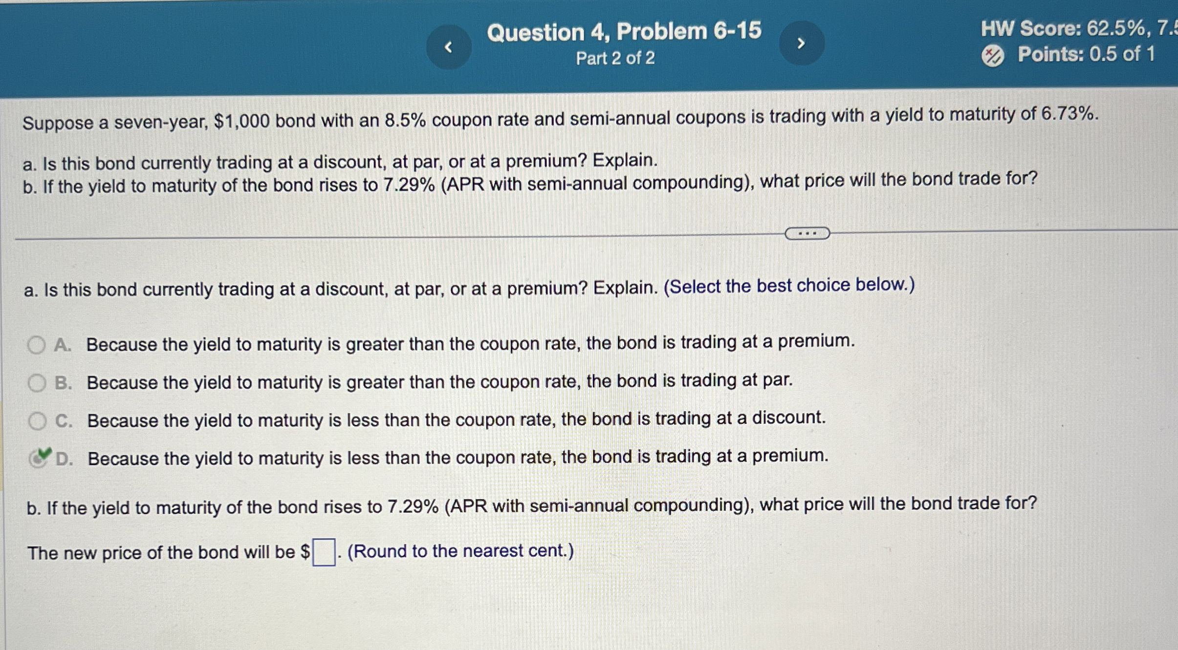  Question 4, Problem 6-15 HW Score: 62.5%,7. Part 2 of 2