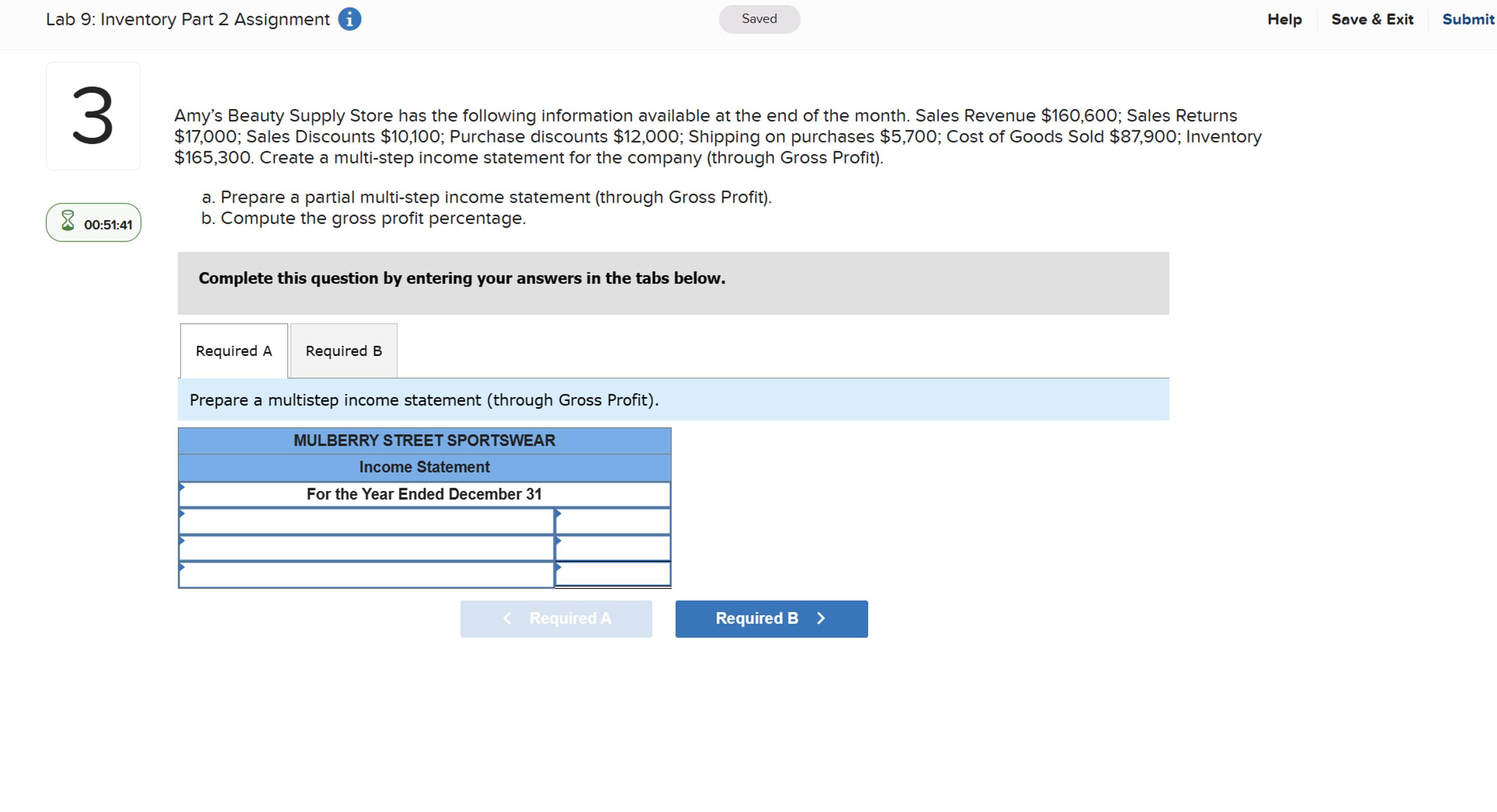  a. Prepare a partial multi-step income statement (through Gross Profit). b.