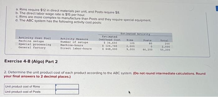 the ABC data, determine the total amount of overhead cost assigned to