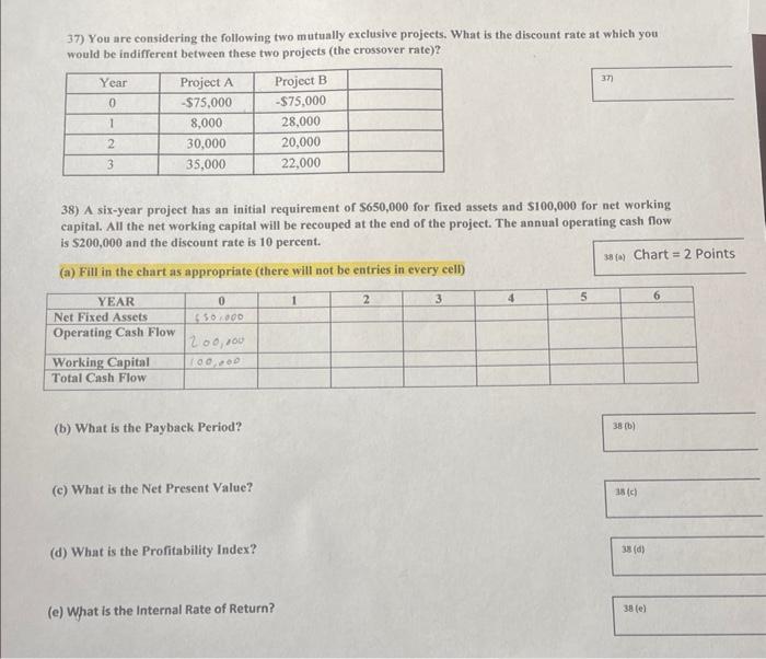  37) You are considering the following two mutually exclusive projects. What