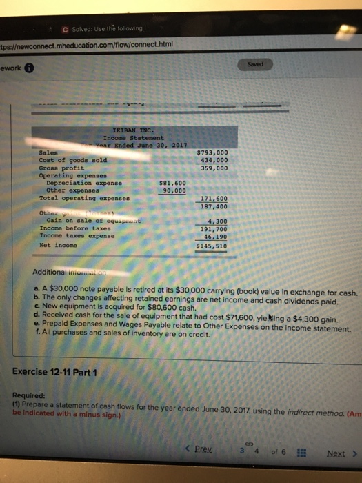 information Exercise 12-11 Indirect: Preparing statement of cash flows LO P1, P2,