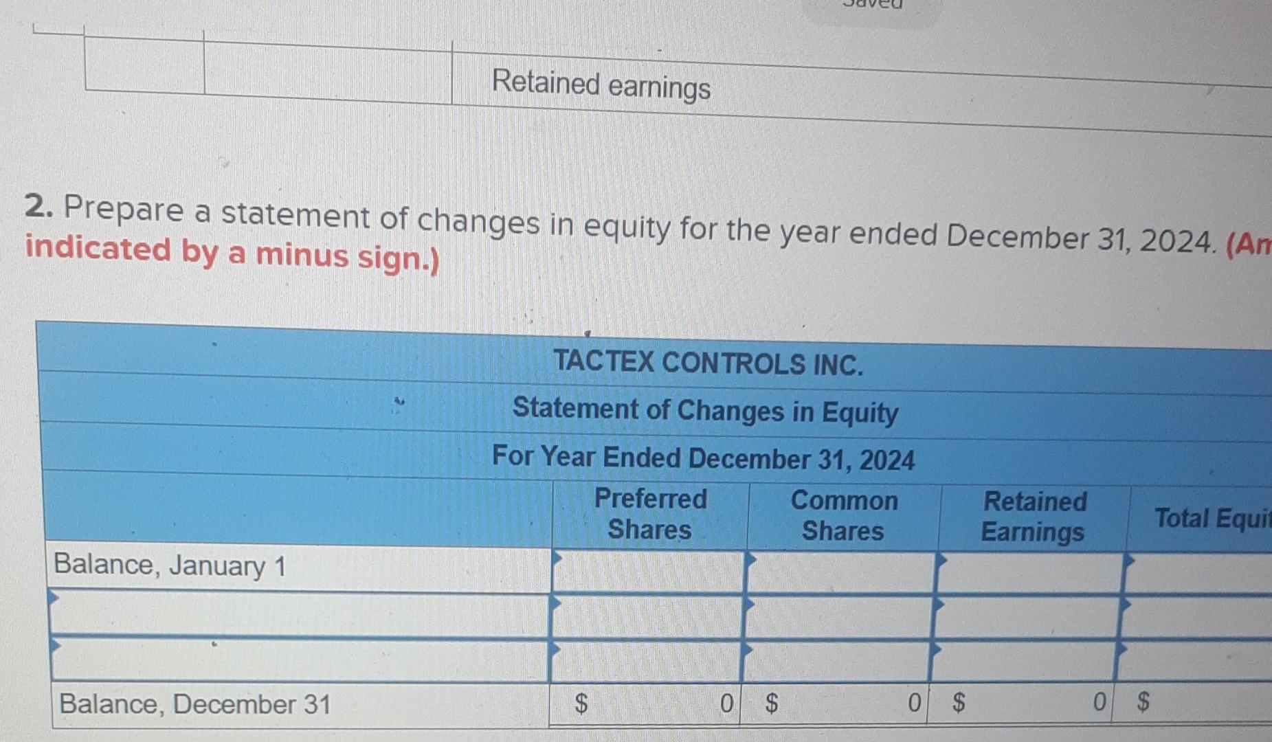  2. Prepare a statement of changes in equity for the year