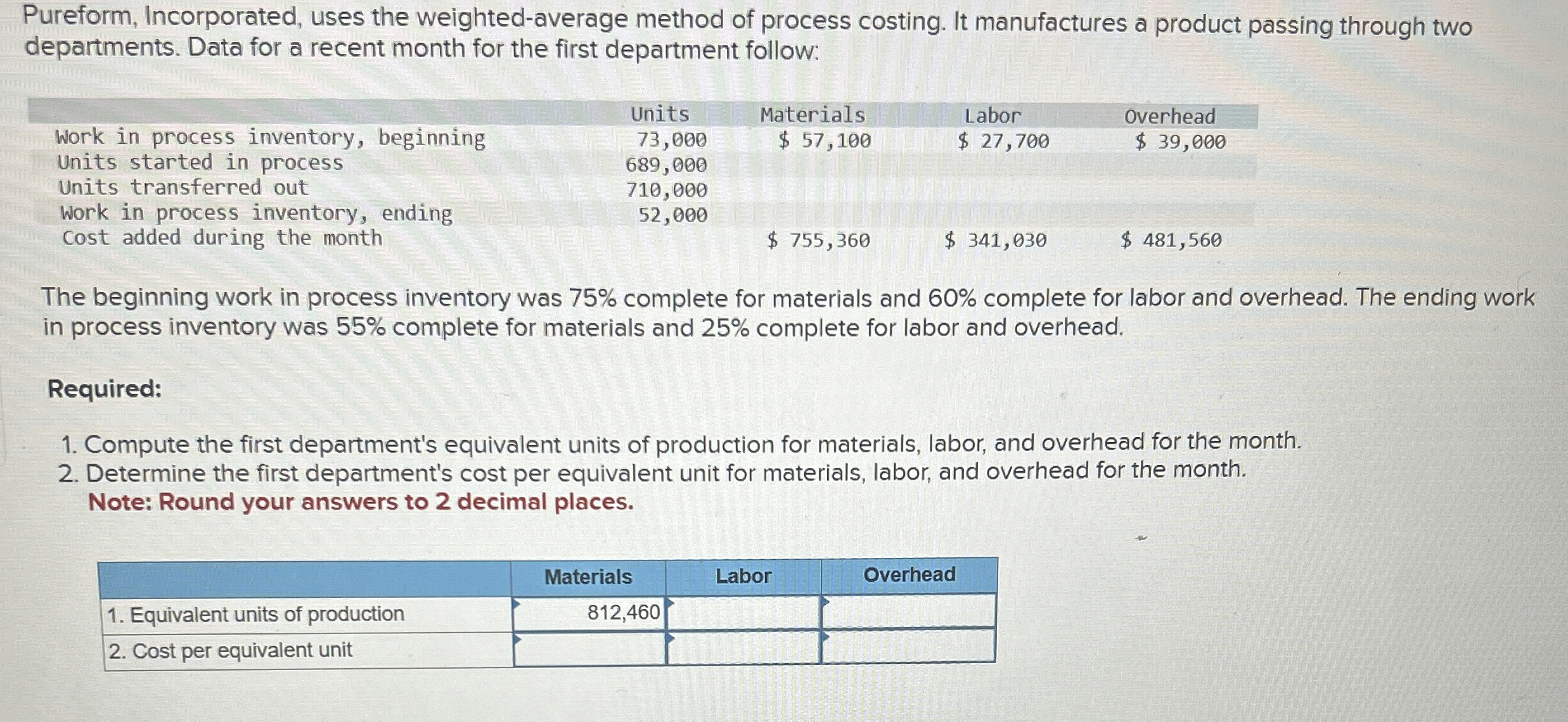 Pureform, Incorporated, uses the weighted-average method of process costing. It manufactures