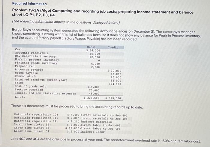  Required information Problem 19-3A (Algo) Computing and recording job costs; preparing