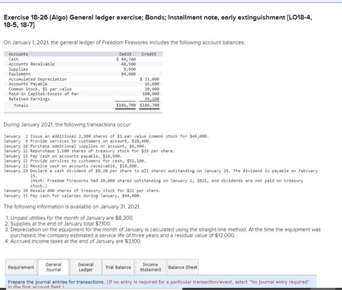 Exercise 18-26 (Algo) General ledger exercise; Bonds; Installment note, early extinguishment