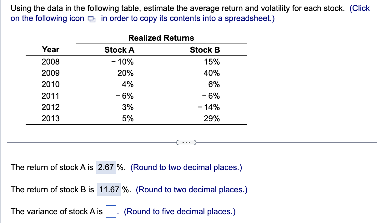 Using the data in the following table, estimate the average return
