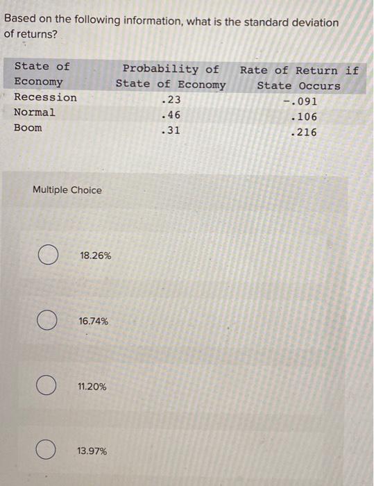 Based on the following information, what is the standard deviation of returns?