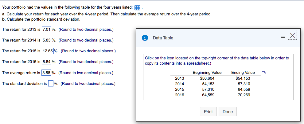  NEED THE AVERAGE RETURN AND STANDARD DEVIATION PLEASE! Your portfolio had