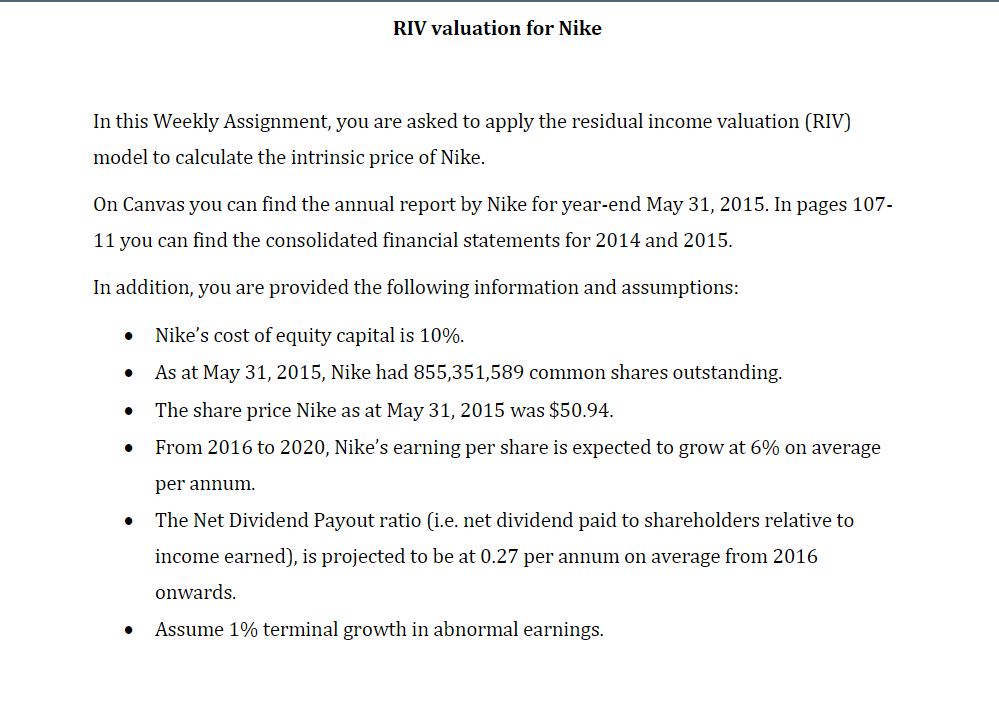 The Question Nike's report P107-111 An example from Week 4's lecture RIV