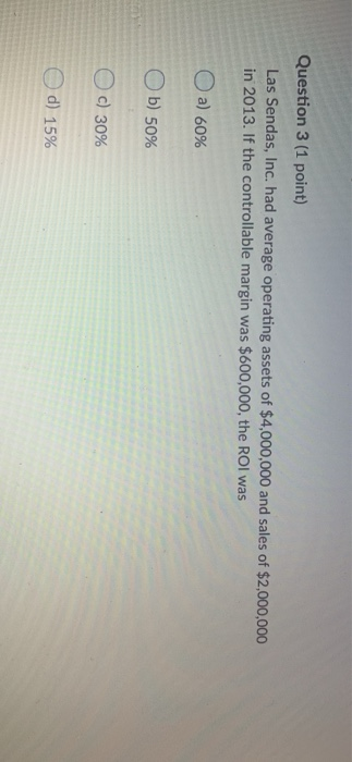  Question 3 (1 point) Las Sendas, Inc. had average operating assets